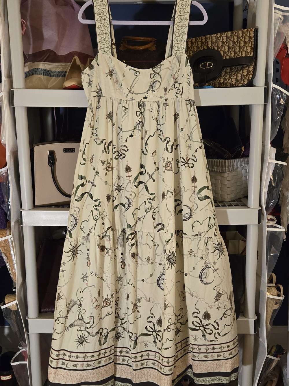 Marchesa Cream Maxi Dress with Green and Black Accents